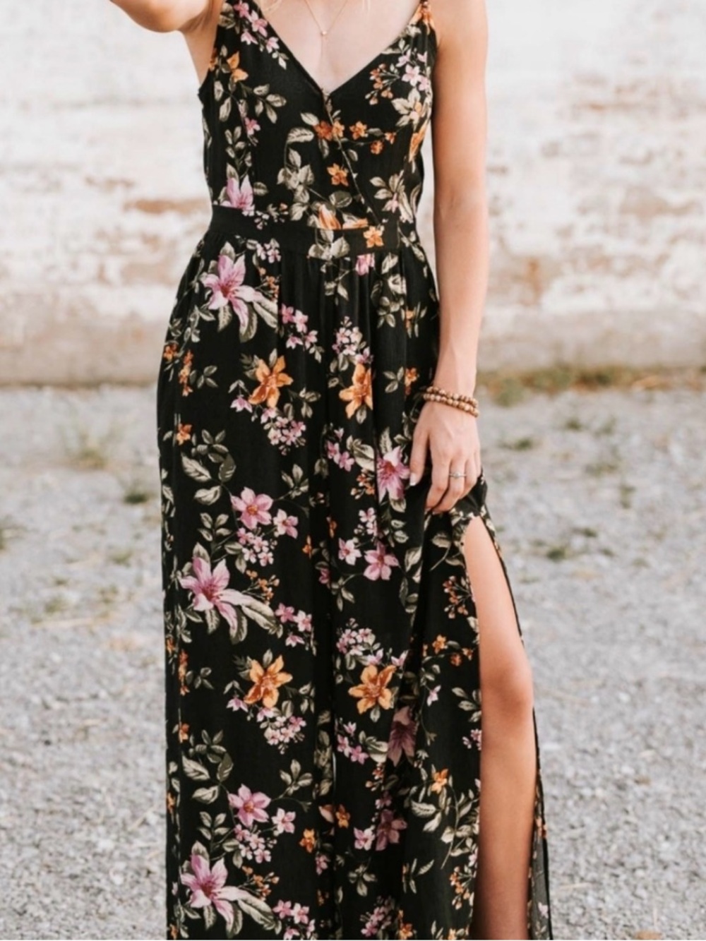 Black Floral Spaghetti-Strap Jumpsuit with Pockets - Size Small